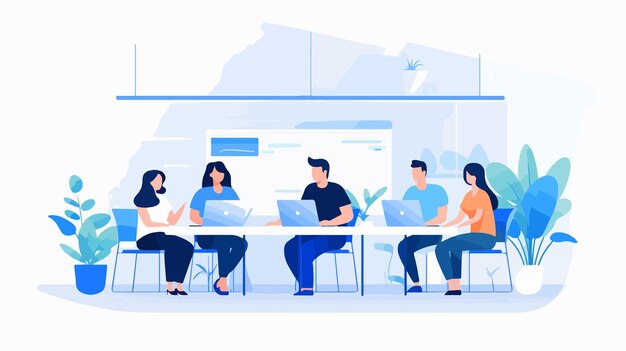 A team of five colleagues sitting along a conference table with open laptops, collaborating in a bright, modern office setting decorated with indoor plants